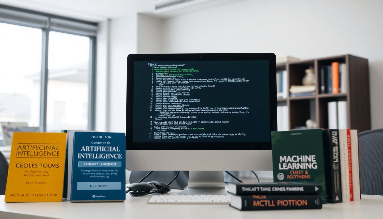 A computer screen displaying code surrounded by books on AI and machine learning.