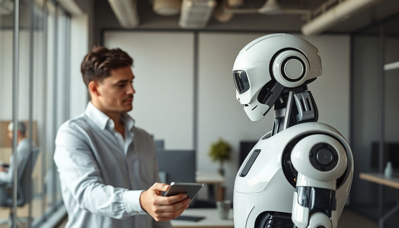 A person using automation technology while a machine demonstrates artificial intelligence.