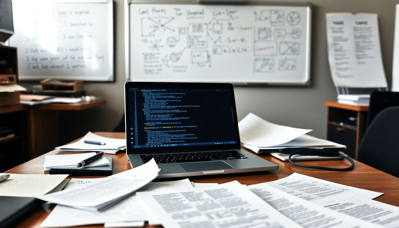 A cluttered desk with papers, open laptop, and whiteboard covered in diagrams.