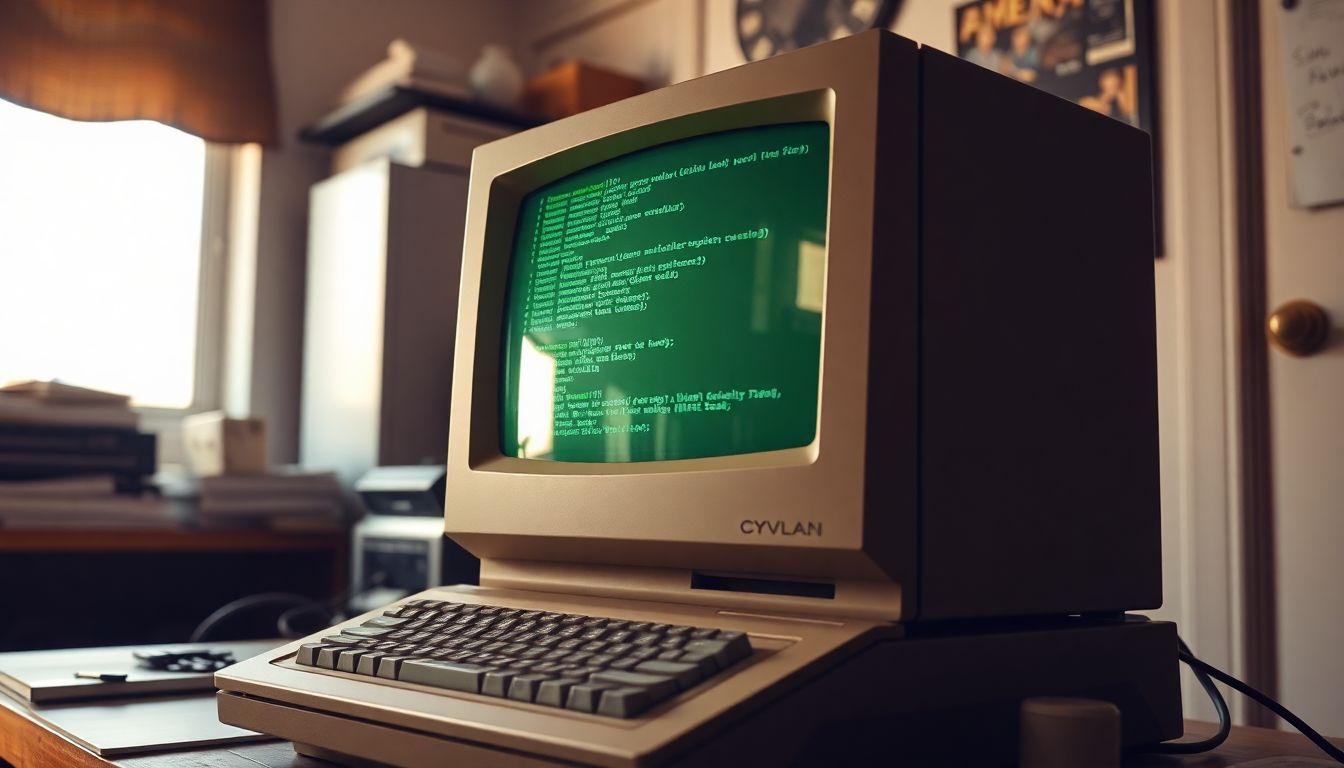 An old vintage computer displaying lines of code on a green monochrome screen.