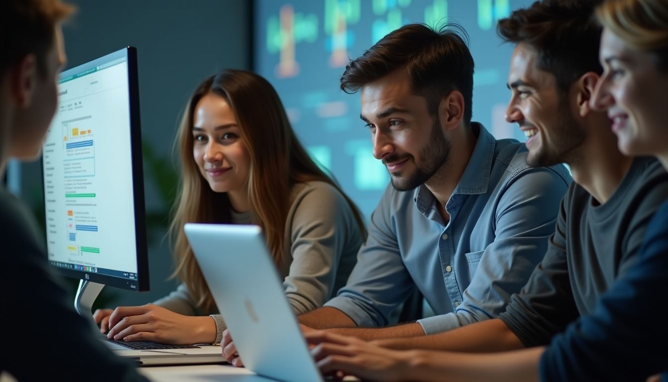 A group of diverse tech professionals working on AI development.