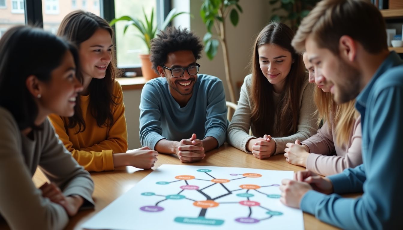 A group of young adults studying a decision tree at a table.