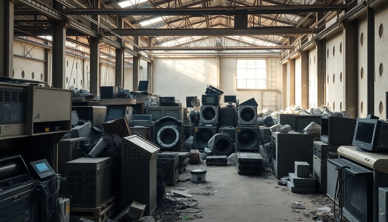 An abandoned electronic waste recycling plant with old AI components.