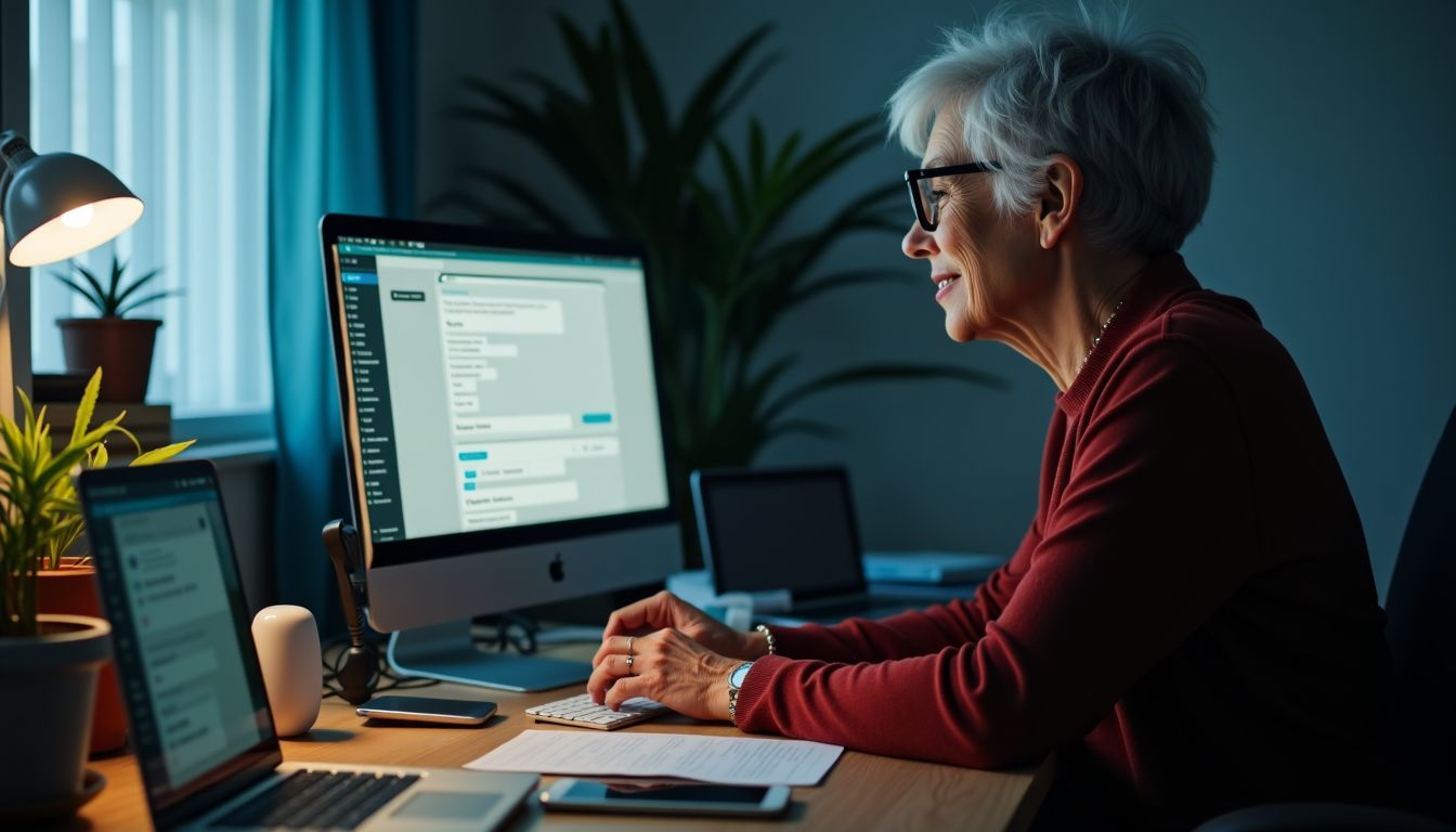 An elderly woman at a cluttered desk using AI technology.