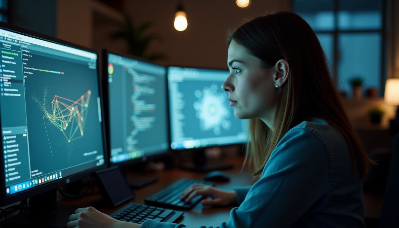 A woman in her 30s sitting in a dimly lit office working on complex algorithms.