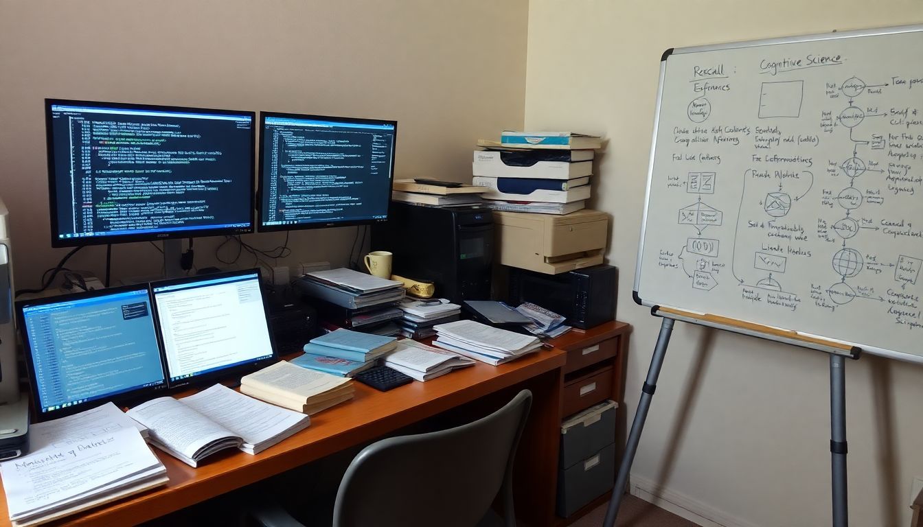 A cluttered desk with computer screens, programming books, and cognitive science diagrams.