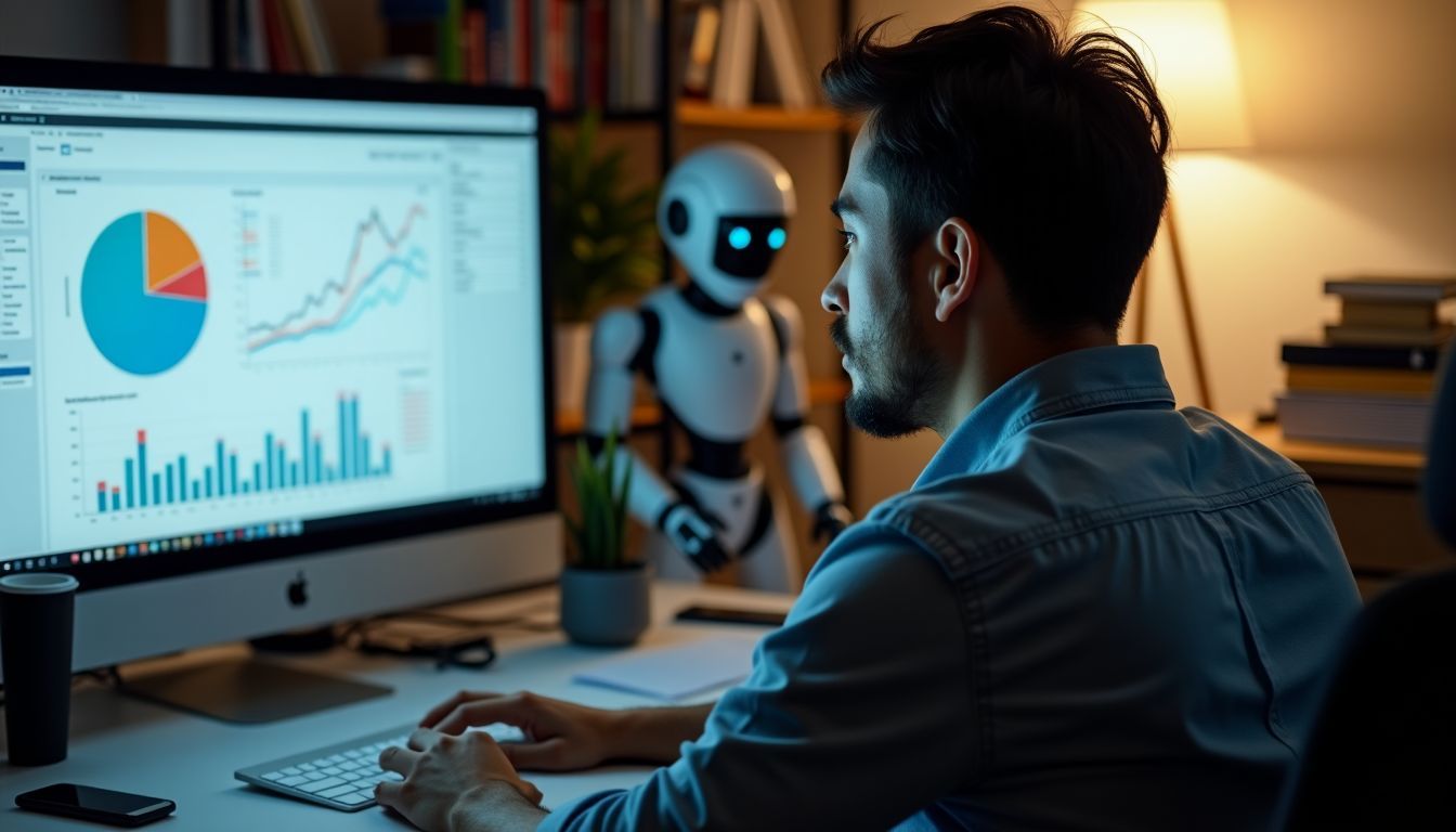 A person studying data science and artificial intelligence with a robot.