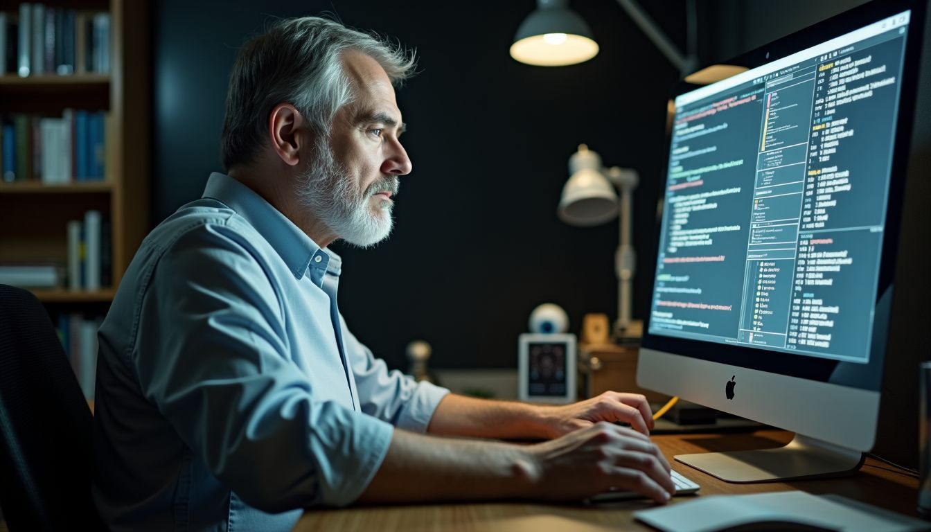 An older man studying AI and robotics at a cluttered desk.