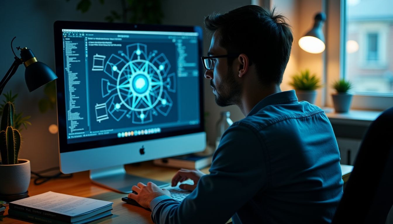 A person studying cybersecurity and artificial intelligence at a cluttered desk.