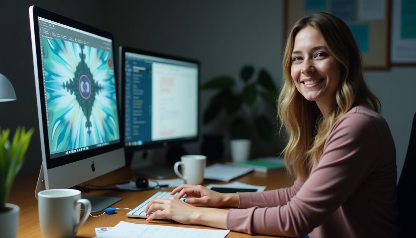 A woman sitting at a cluttered desk with computer screens and papers.