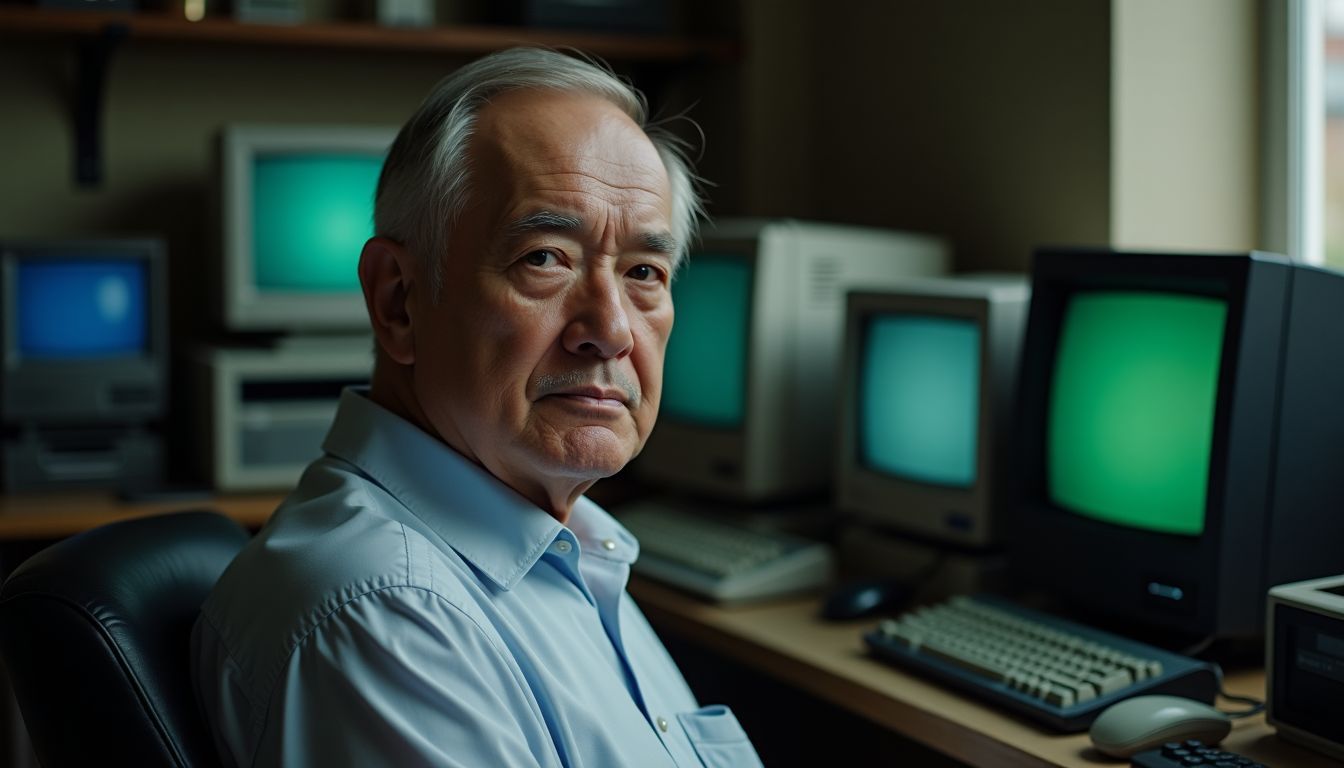 Elderly man surrounded by outdated computers in dimly lit room.