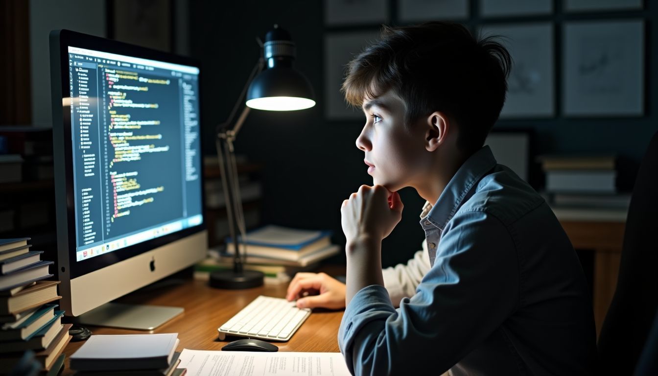 A teenager studying artificial intelligence research at a cluttered desk.