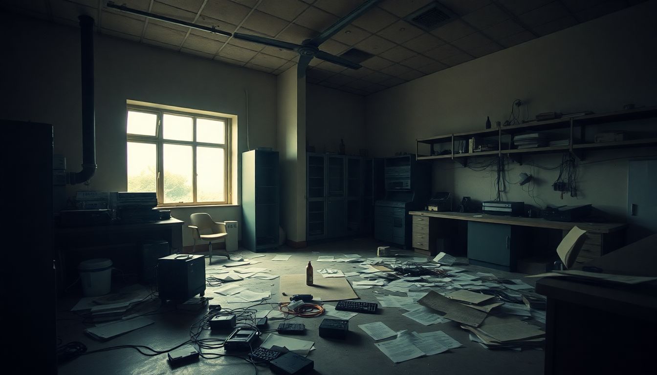 Abandoned laboratory with unfinished Artificial Consciousness experiment and neglected feel.