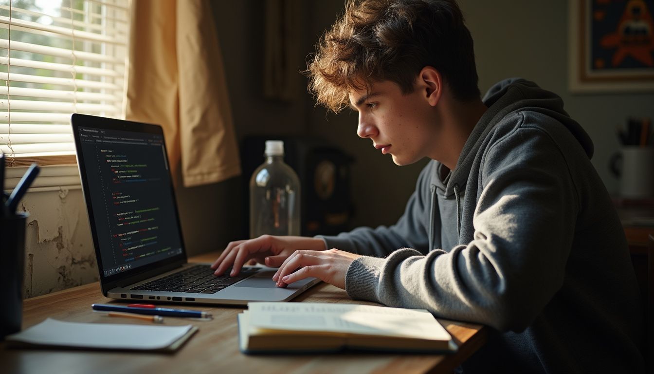 A focused teenage boy studies Python programming on his laptop at a cluttered desk. A focused teenage boy studies Python programming on his laptop at a cluttered desk.
