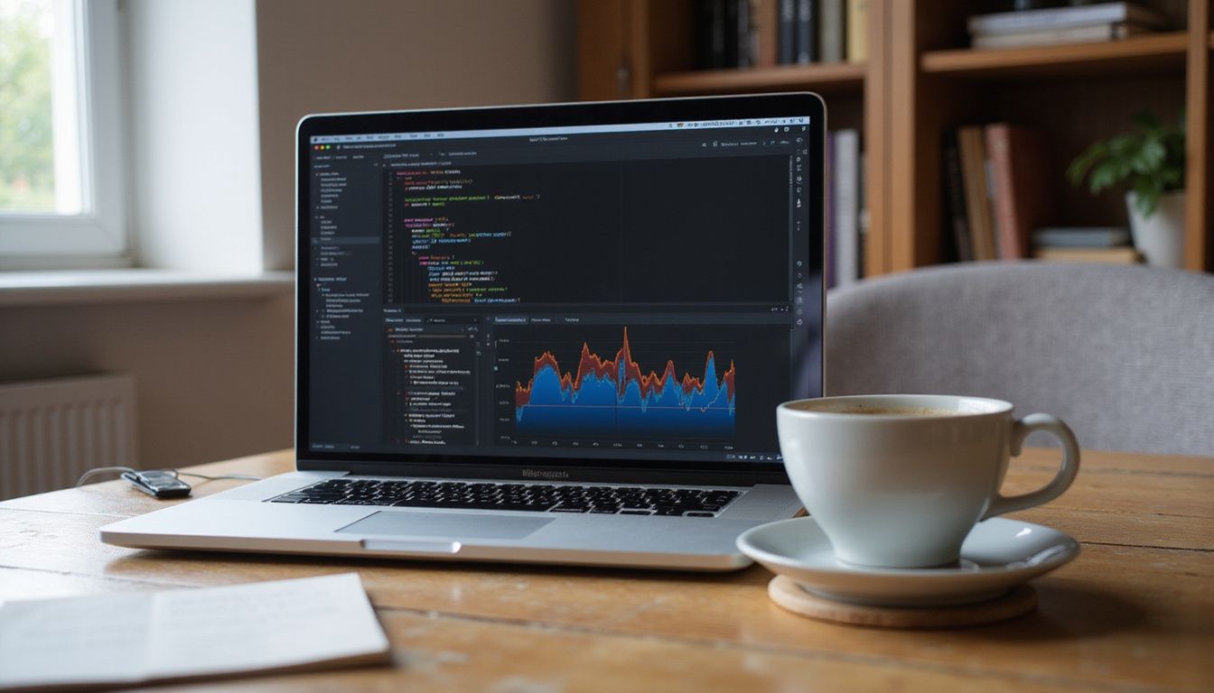 A tidy home office with an open laptop displaying Python code. A tidy home office with an open laptop displaying Python code.
