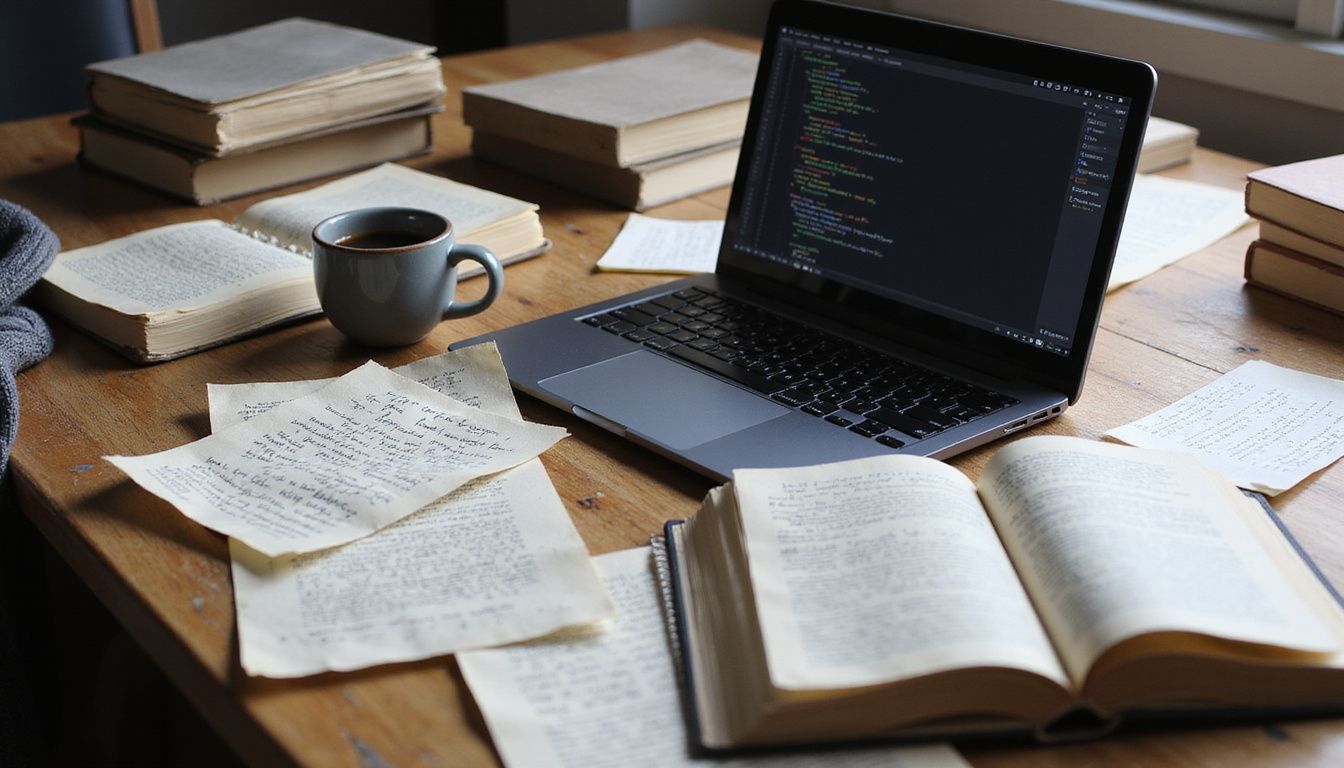 A cluttered desk with open laptop, coding textbooks, and coffee mug. A cluttered desk with open laptop, coding textbooks, and coffee mug.