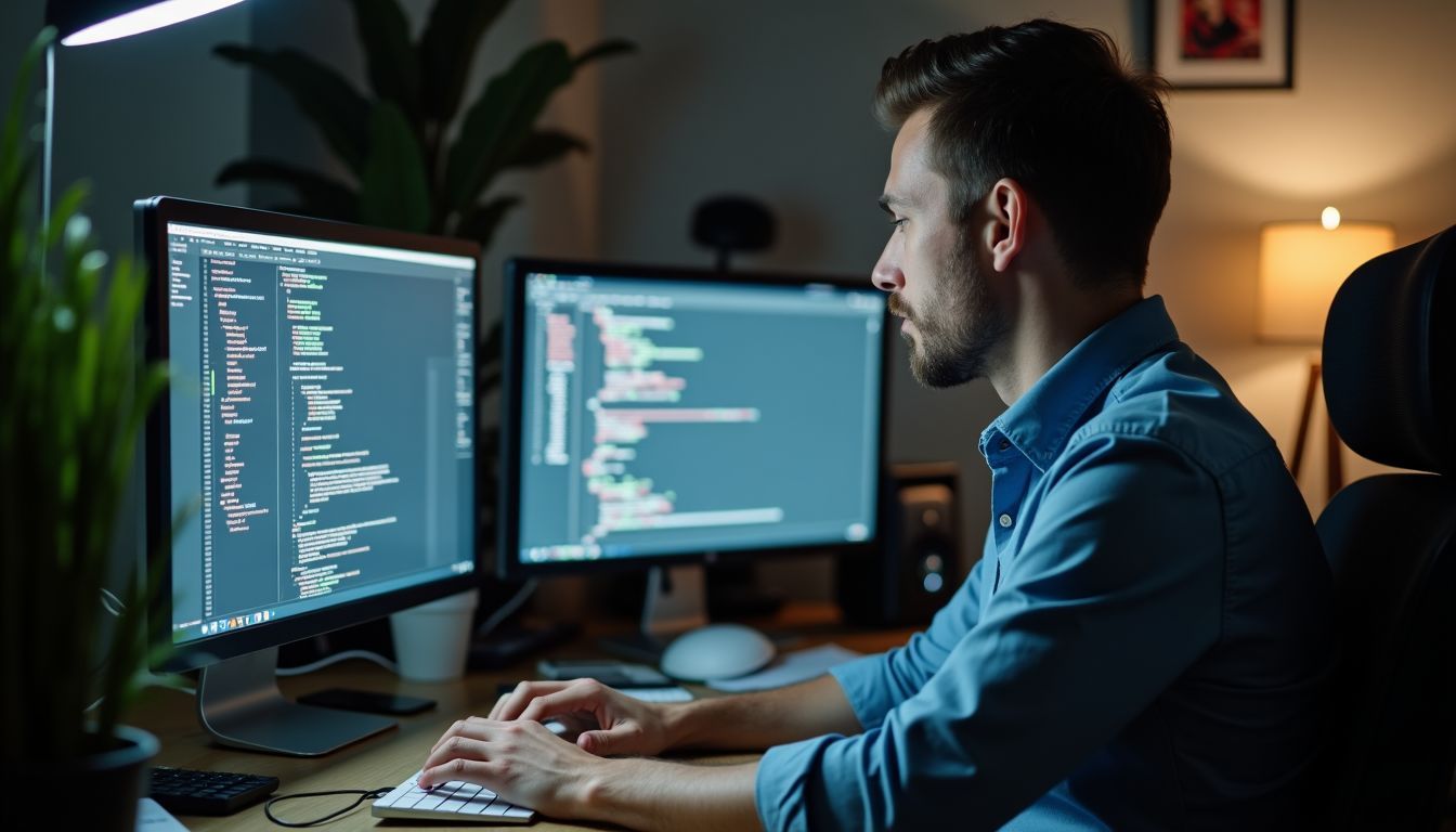 A man working at a messy desk on artificial intelligence development. A man working at a messy desk on artificial intelligence development.