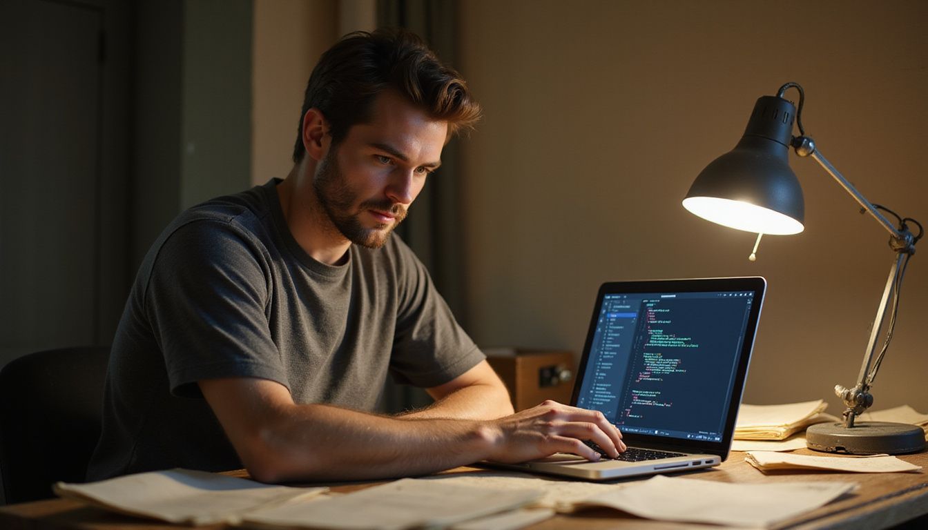 A focused man is typing Python code on a cluttered desk. A focused man is typing Python code on a cluttered desk.