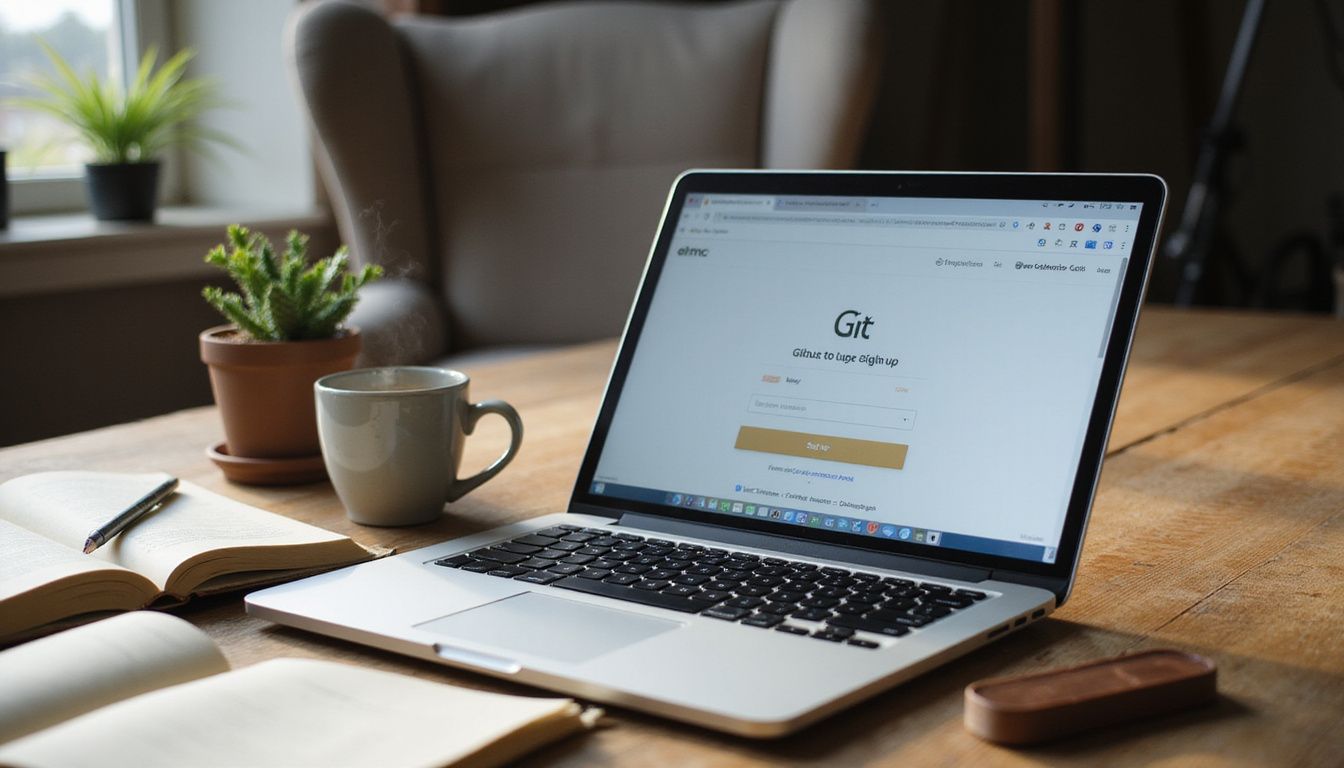 A laptop, notebooks, a coffee cup, and a succulent on a desk in a home office. A laptop, notebooks, a coffee cup, and a succulent on a desk in a home office.