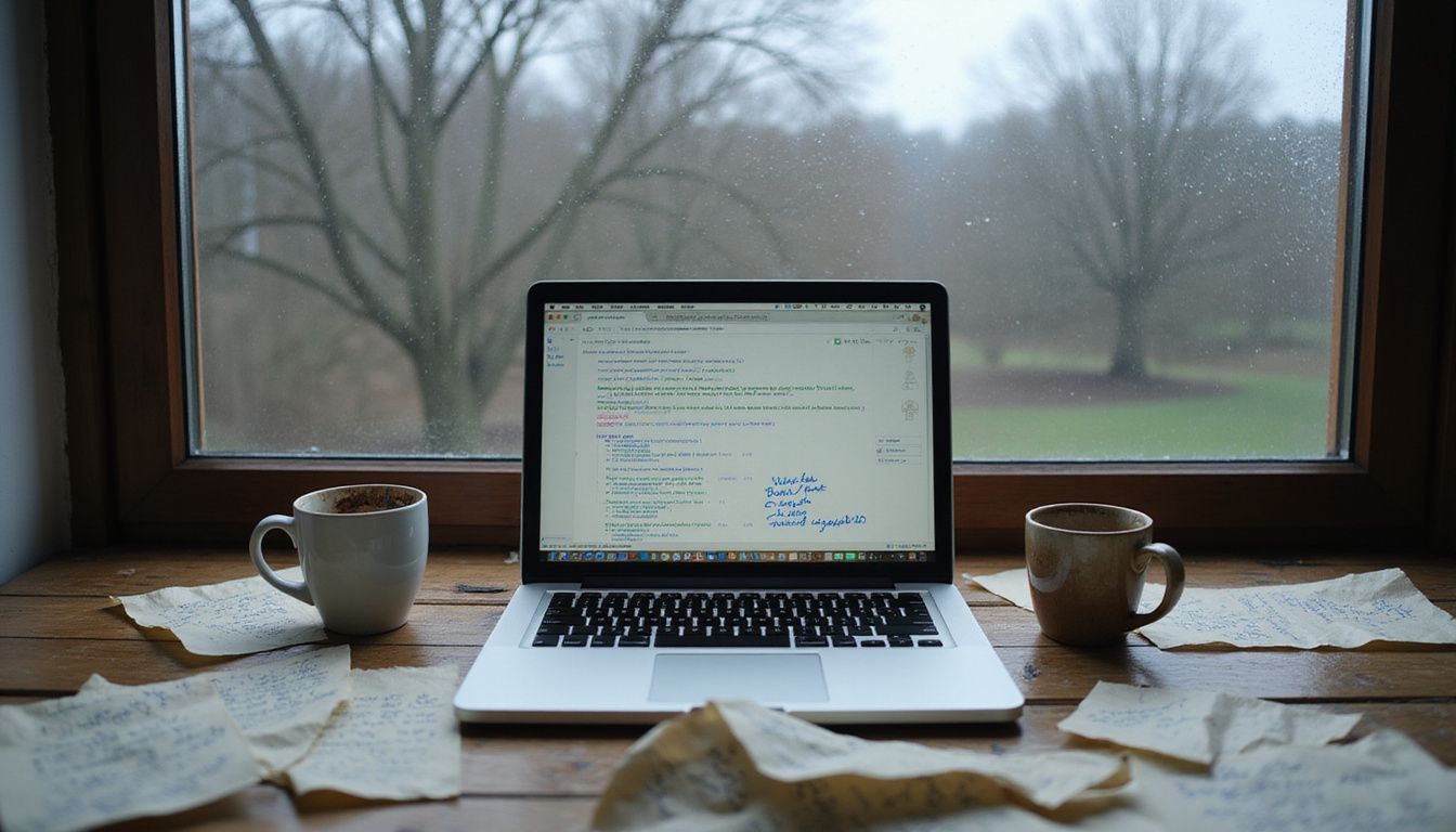 A cluttered desk with open laptop, crumpled papers, and abandoned coffee mugs. A cluttered desk with open laptop, crumpled papers, and abandoned coffee mugs.