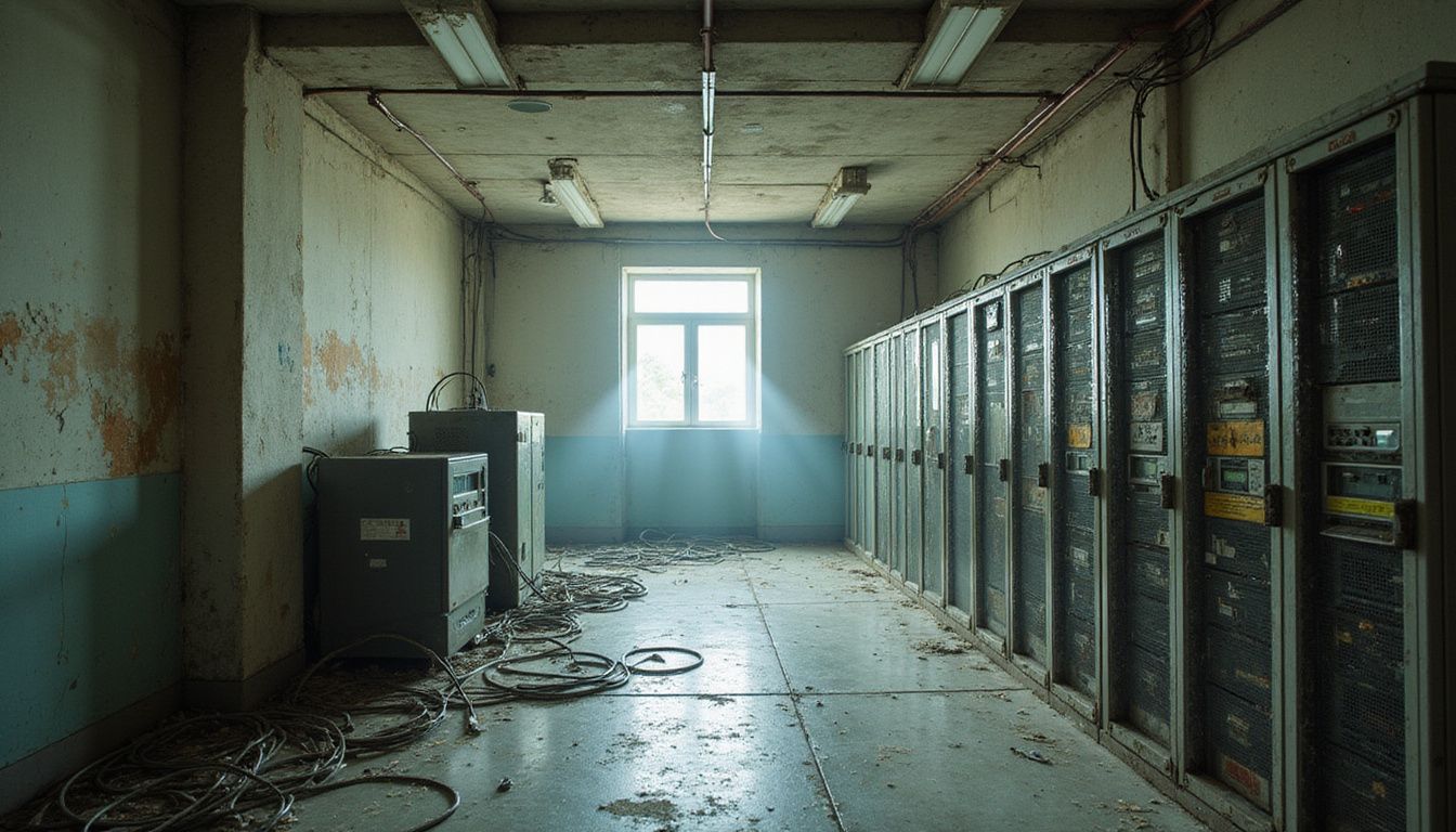 An abandoned data center room with aged server racks and malfunctioning AI. An abandoned data center room with aged server racks and malfunctioning AI.