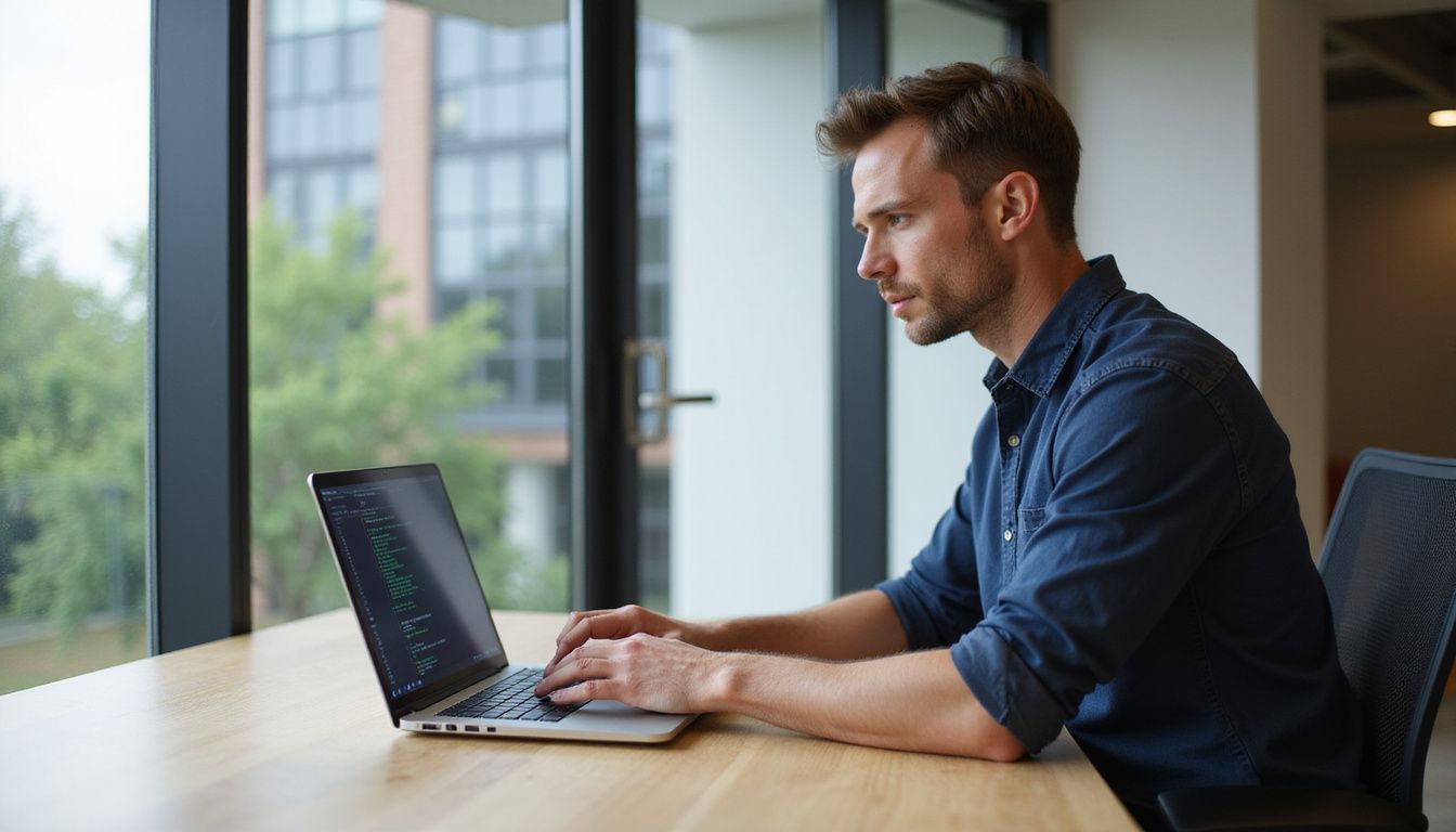 A man in a blue shirt coding on his laptop in his office. A man in a blue shirt coding on his laptop in his office.