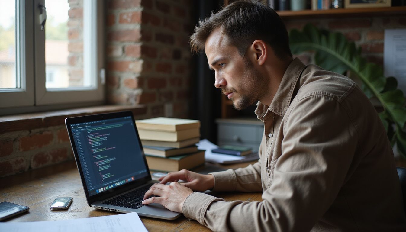 A person in their 30s is sitting at a cluttered desk, focused on programming. A person in their 30s is sitting at a cluttered desk, focused on programming.
