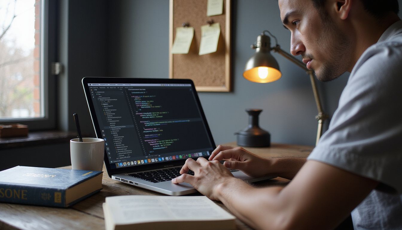 A person working on Python programming at a cluttered desk. A person working on Python programming at a cluttered desk.